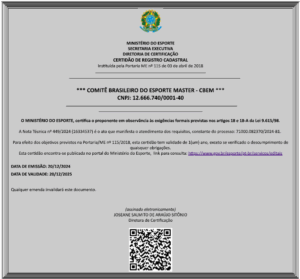 O Comitê Brasileiro do Esporte Master - CBEM acaba de obter a sua Certidão de Registro Cadastral junto à Secretaria Especial do Esporte (SEE) do Ministério da Cidadania.
Conhecida como " Certificação art. 18 18-A", o documento atesta o cumprimento das exigências pelas entidades do Sistema Nacional do Desporto (SND), conforme exigências previstas nos art. 18 e 18-A da Lei nº 9.615, de 24 de março de 1998, Lei Pelé, com base na Portaria ME nº 115/2018. Tal Certificação possibilita às entidades do SND receberem recursos públicos.
Com essa conquista o CBEM comprova a sua TRANSPARÊNCIA, INTEGRIDADE E GOVERNANÇA.